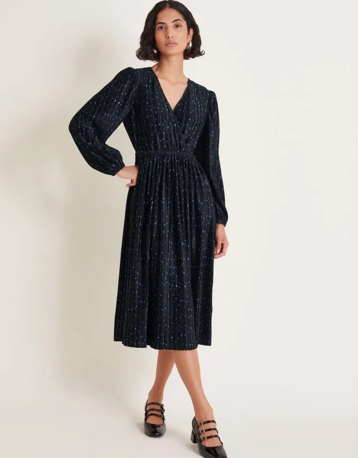 Monsoon Shiloh Plisse Spot Midi Dress Black Women Midi Dresses