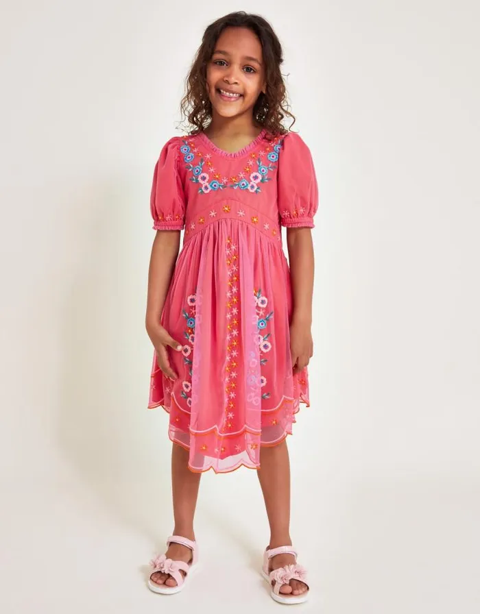 Monsoon Short Sleeve Embroidered Mesh Dress Pink Children Dresses