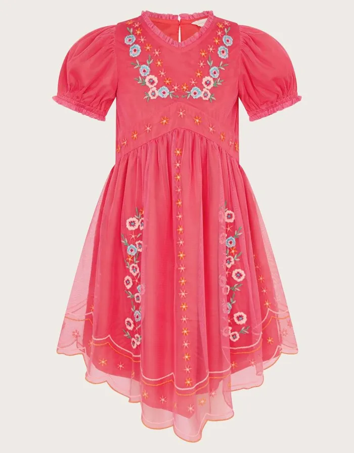 Monsoon Short Sleeve Embroidered Mesh Dress Pink Children Dresses Monsoon Short Sleeve Embroidered Mesh Dress Pink Children Dresses