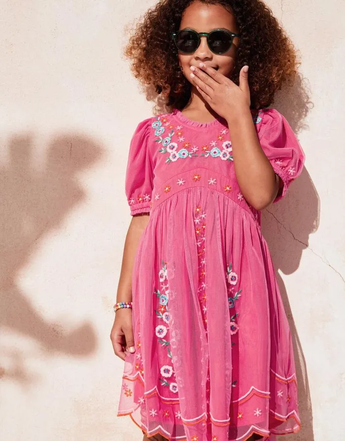 Monsoon Short Sleeve Embroidered Mesh Dress Pink Children Dresses Monsoon Short Sleeve Embroidered Mesh Dress Pink Children Dresses