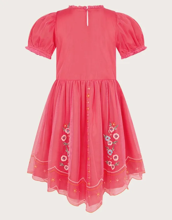 Monsoon Short Sleeve Embroidered Mesh Dress Pink Children Dresses Monsoon Short Sleeve Embroidered Mesh Dress Pink Children Dresses