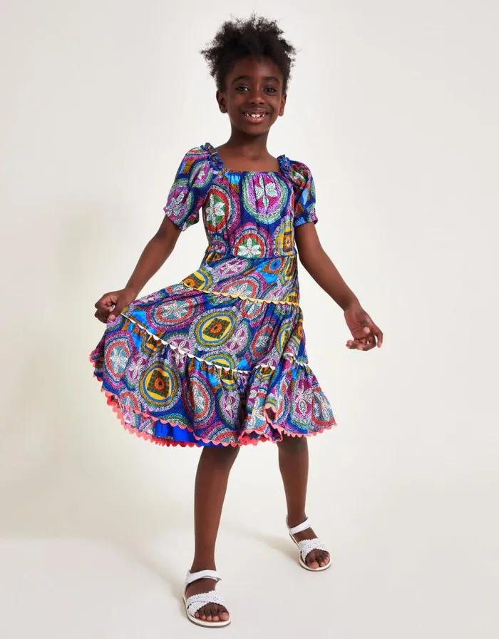 Monsoon Short Sleeve Scallop Print Dress Blue Children Dresses
