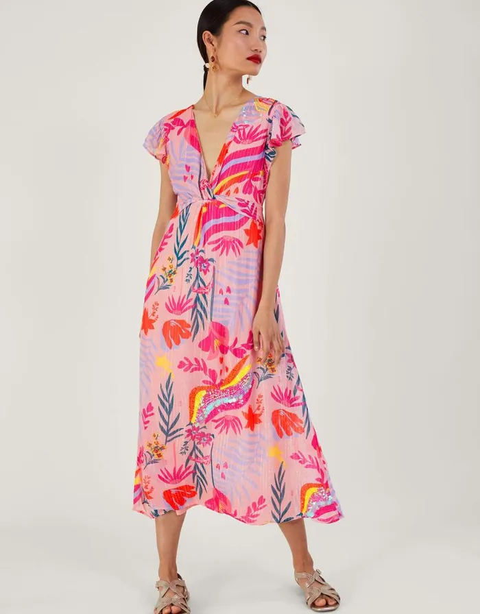 Monsoon Sienna Embellished Metallic Dress Pink Women Occasionwear
