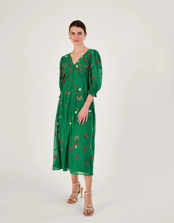 Monsoon Simone Button Through Embroidered Dress In Recycled Polyester Green Women Occasionwear