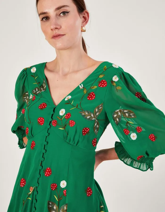 Monsoon Simone Button Through Embroidered Dress In Recycled Polyester Green Women Occasionwear Monsoon Simone Button Through Embroidered Dress In Recycled Polyester Green Women Occasionwear