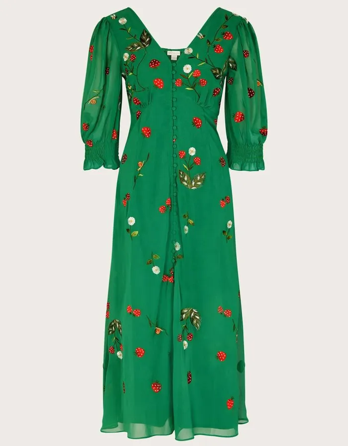 Monsoon Simone Button Through Embroidered Dress In Recycled Polyester Green Women Occasionwear Monsoon Simone Button Through Embroidered Dress In Recycled Polyester Green Women Occasionwear