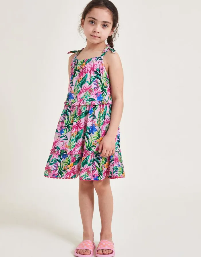 Monsoon Tropical Palm Print Frill Dress Ivory Children Dresses