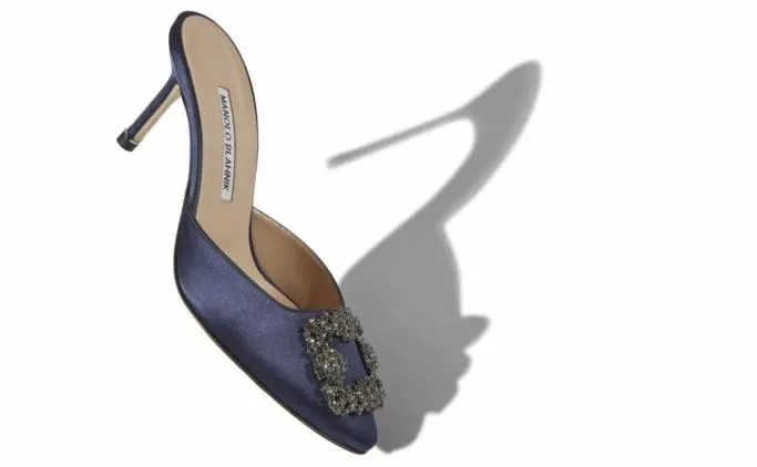 Mules Women Manolo Blahnik HANGISIMUNavy Blue Satin Jewel Buckle Mules