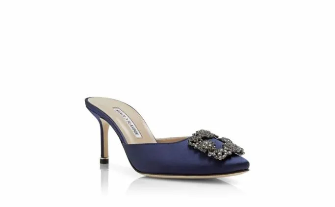 Mules Women Manolo Blahnik HANGISIMUNavy Blue Satin Jewel Buckle Mules Mules Women Manolo Blahnik HANGISIMUNavy Blue Satin Jewel Buckle Mules