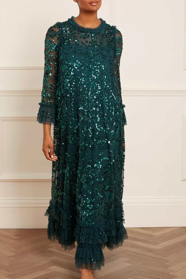 Needle and Thread Celia Long Sleeve Ankle Gown Green Women Evening Dresses