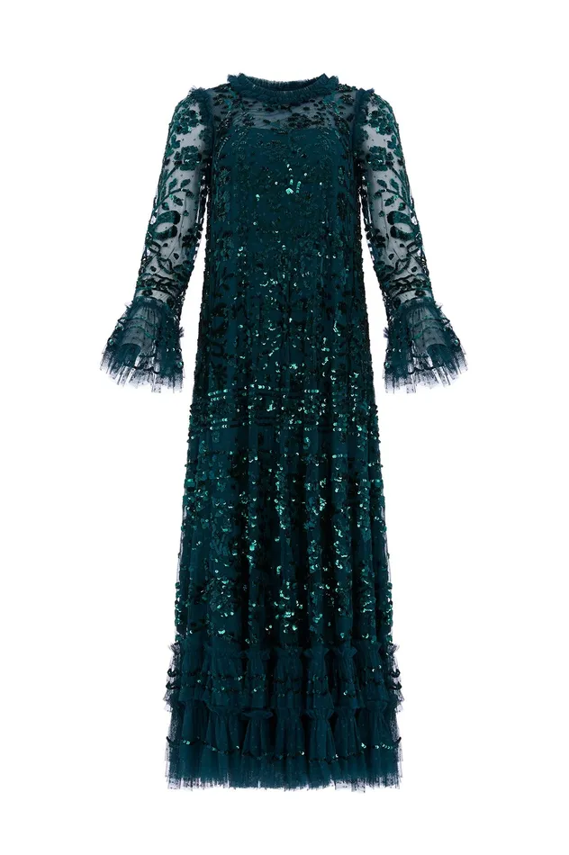 Needle and Thread Celia Long Sleeve Ankle Gown Green Women Evening Dresses