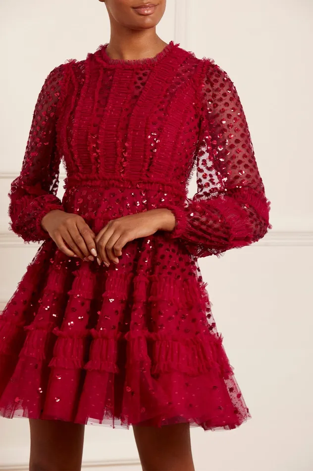Needle and Thread Dot Shimmer Micro Mini Dress Red Women Embellished Dresses