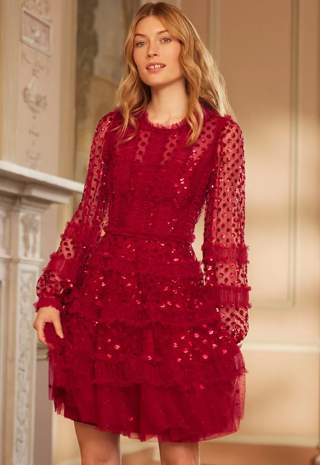 Needle and Thread Dot Shimmer Micro Mini Dress Red Women Embellished Dresses