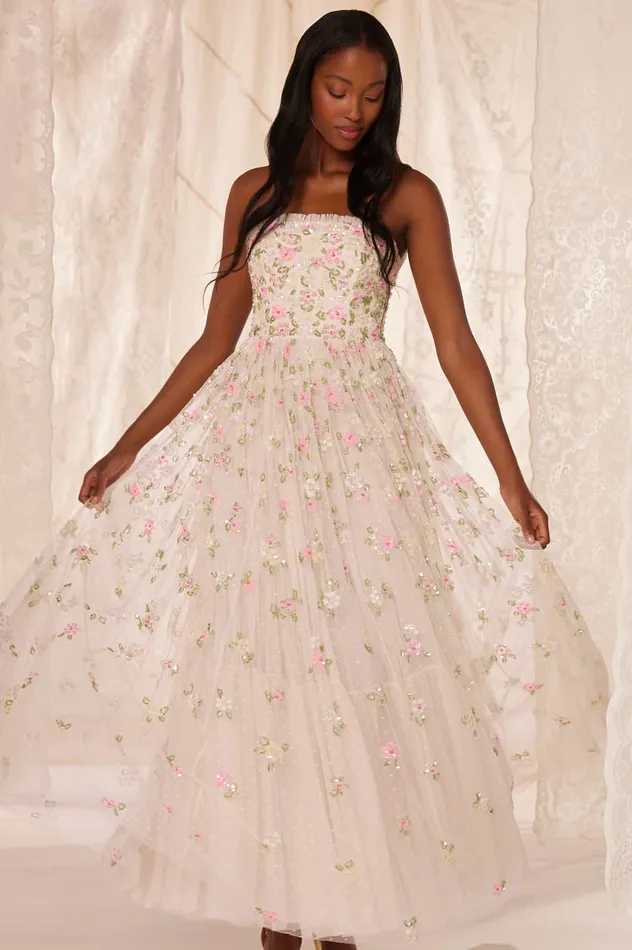 Needle and Thread Freesia Shimmer Strapless Gown Champagne Women Embellished Dresses Needle and Thread Freesia Shimmer Strapless Gown Champagne Women Embellished Dresses