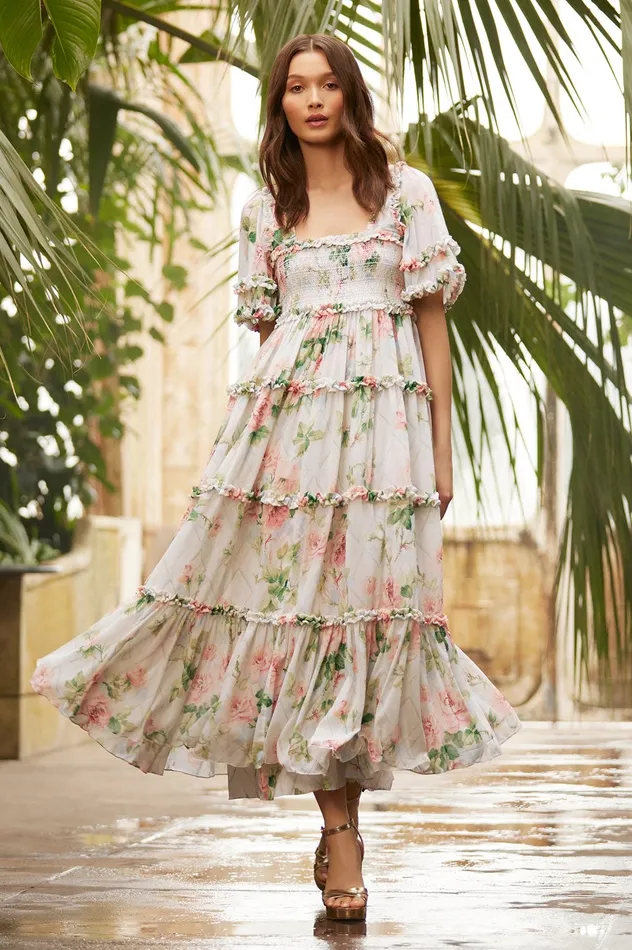 Needle and Thread Harlequin Rose Chiffon Smocked Ankle Gown Multi Women Printed Dresses Needle and Thread Harlequin Rose Chiffon Smocked Ankle Gown Multi Women Printed Dresses