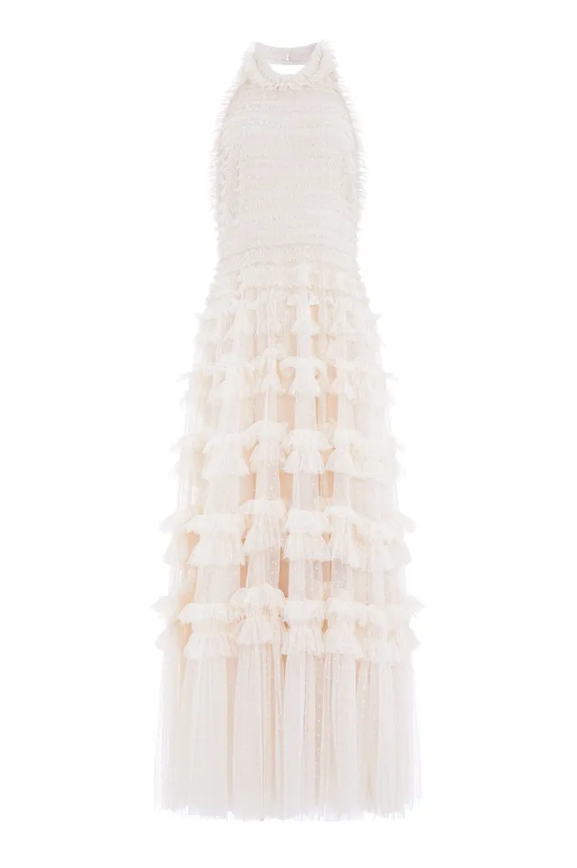 Needle and Thread Lisette Ruffle Halter Neck Gown Champagne Women Evening Dresses