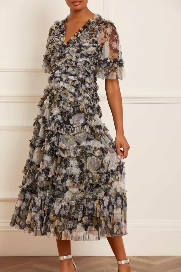 Needle and Thread Moonlight Petals VNeck Ballerina Dress Black Women Day Dresses