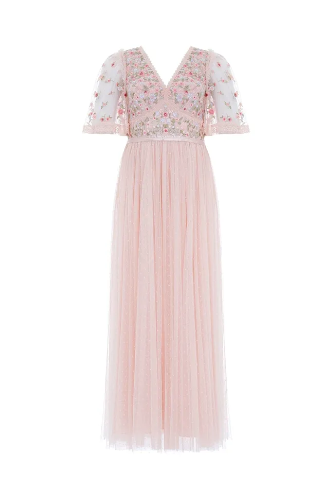 Needle and Thread Ribbon Bouquet Bodice Ankle Gown Pink Women Embroidered Dresses