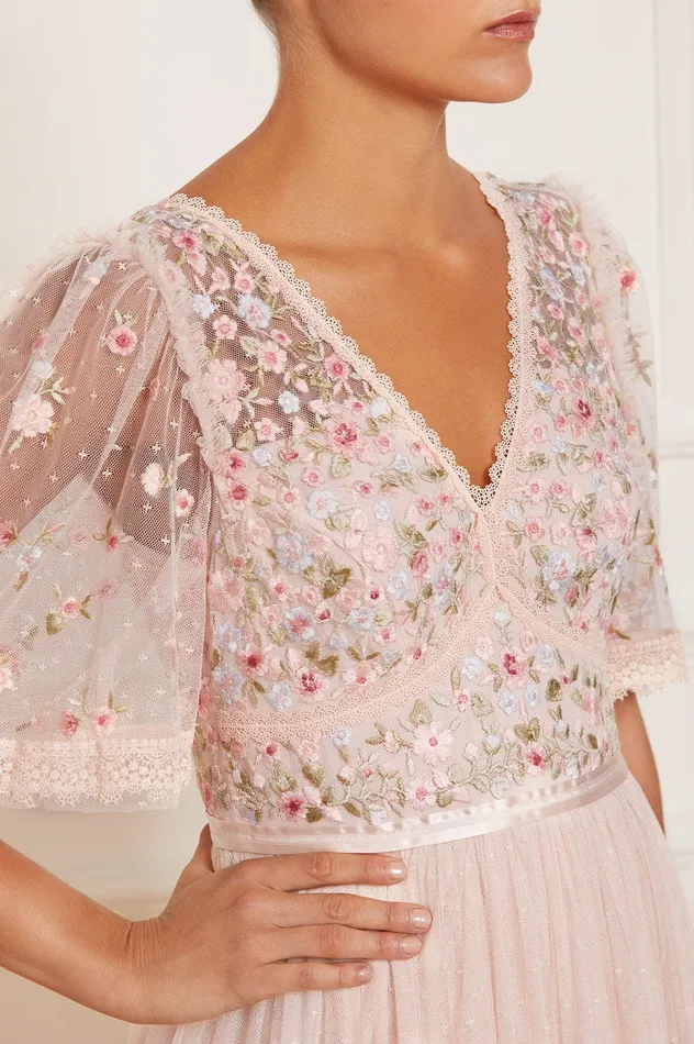 Needle and Thread Ribbon Bouquet Bodice Ankle Gown Pink Women Embroidered Dresses