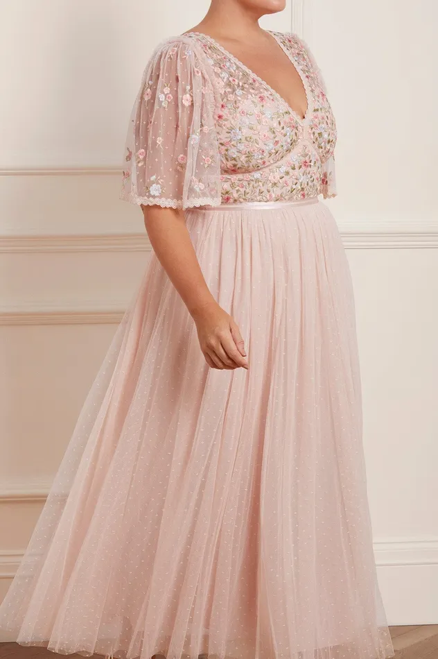 Needle and Thread Ribbon Bouquet Bodice Ankle Gown Pink Women Embroidered Dresses