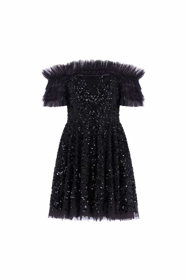 Needle and Thread Sequin Wreath OffShoulder Micro Mini Dress Black Women Embellished Dresses
