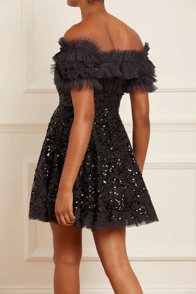 Needle and Thread Sequin Wreath OffShoulder Micro Mini Dress Black Women Embellished Dresses