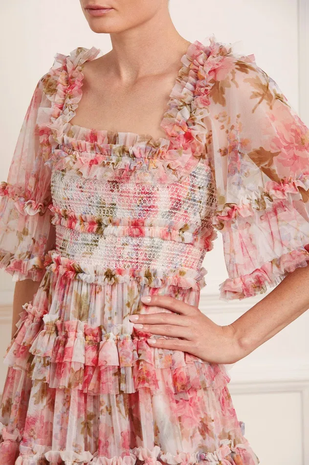 Needle and Thread Summer Song Peaches Smocked Ankle Gown Multi Women Printed Dresses