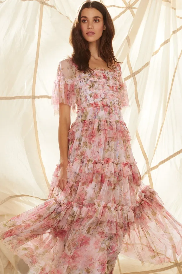 Needle and Thread Summer Song Peaches Smocked Ankle Gown Multi Women Printed Dresses