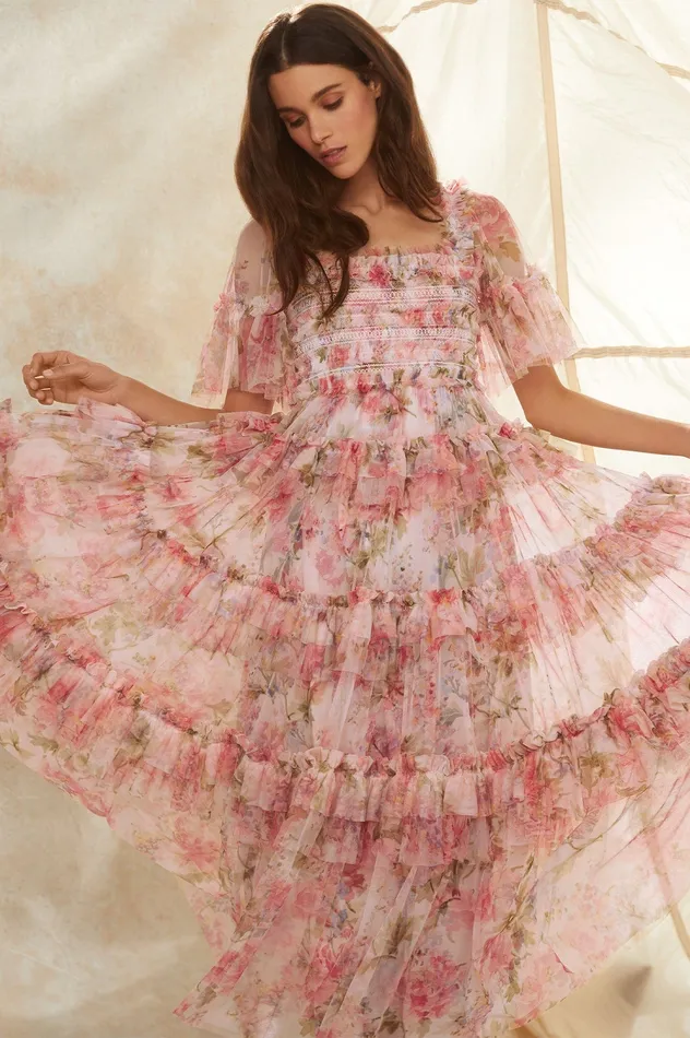 Needle and Thread Summer Song Peaches Smocked Ankle Gown Multi Women Printed Dresses