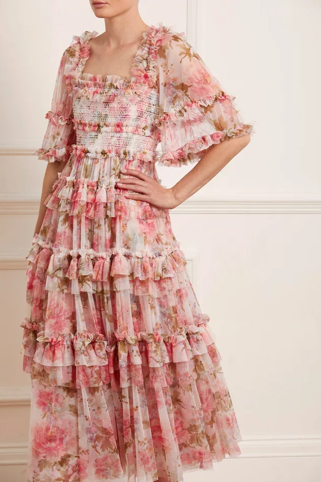 Needle and Thread Summer Song Peaches Smocked Ankle Gown Multi Women Printed Dresses