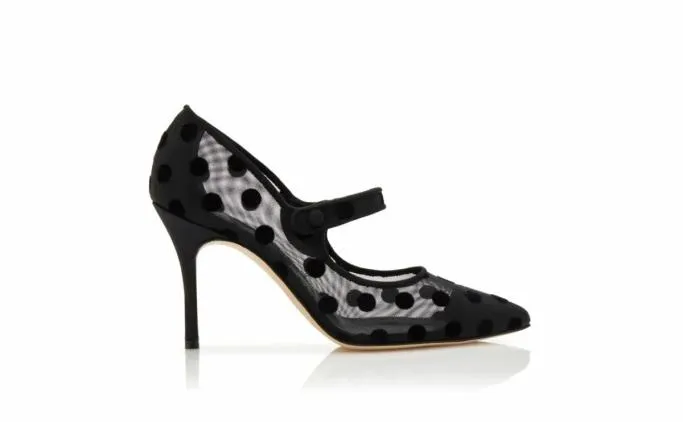 Pumps Women Manolo Blahnik CAMPARIMESHBlack Mesh Polka Dot Pointed Toe Pumps