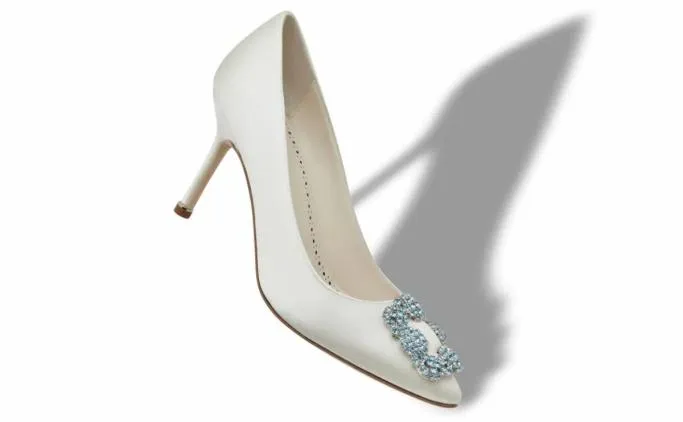 Pumps Women Manolo Blahnik HANGISI BRIDAL 90Cream Satin Jewel Buckle Pumps