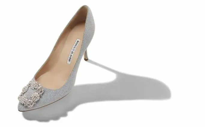 Pumps Women Manolo Blahnik HANGISI GLITTER 90Silver Glitter Fabric Jewel Buckle Pumps Pumps Women Manolo Blahnik HANGISI GLITTER 90Silver Glitter Fabric Jewel Buckle Pumps