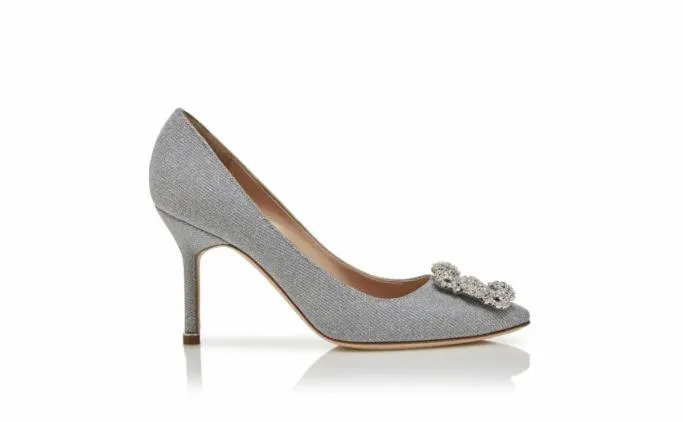 Pumps Women Manolo Blahnik HANGISI GLITTER 90Silver Glitter Fabric Jewel Buckle Pumps