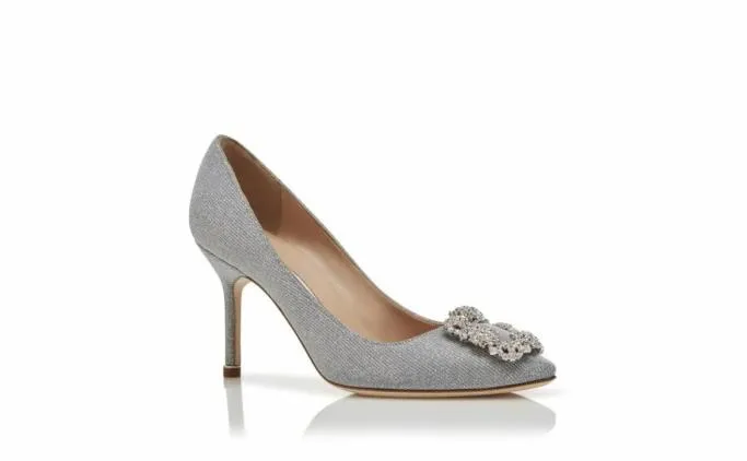 Pumps Women Manolo Blahnik HANGISI GLITTER 90Silver Glitter Fabric Jewel Buckle Pumps