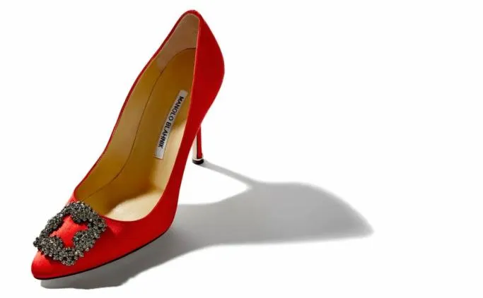 Pumps Women Manolo Blahnik HANGISIRed Satin Jewel Buckle Pumps