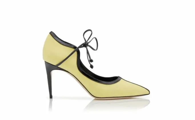 Pumps Women Manolo Blahnik JANIXYellow And Black Linen Scalloped Pumps
