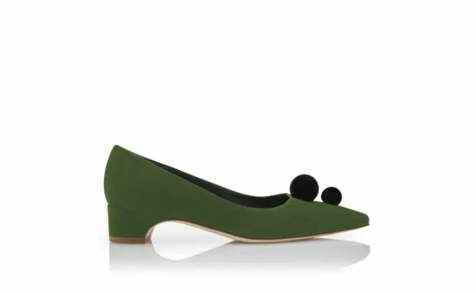 Pumps Women Manolo Blahnik PIERABAGreen And Black Suede Pom Pom Detail Pumps