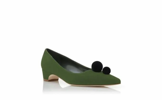 Pumps Women Manolo Blahnik PIERABAGreen And Black Suede Pom Pom Detail Pumps
