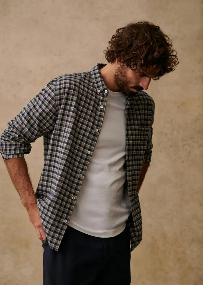 Szane Shirts Mens Checked Flannel Charlie Shirt Marine Beige Gris