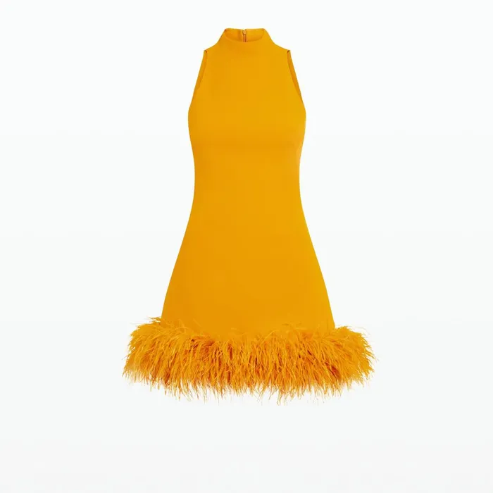 Safiyaa Ratana Ochre FeatherTrimmed Short Dress Women Dresses