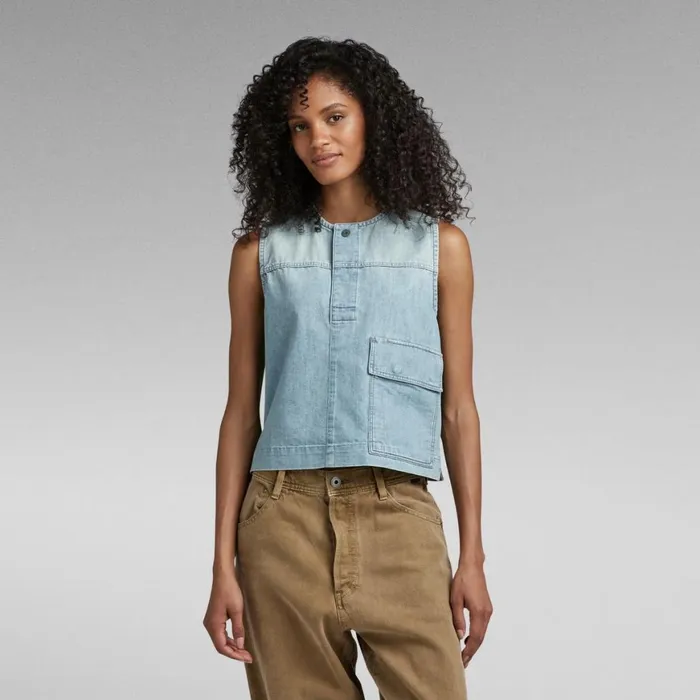 Shirts and Blouses Women GStar RAW Premium Cropped Shirt Sleeveless Sun Faded Cadet Blue Shirts and Blouses Women GStar RAW Premium Cropped Shirt Sleeveless Sun Faded Cadet Blue
