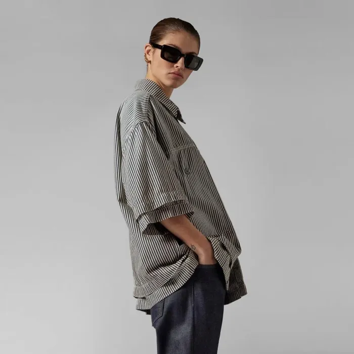 Shirts and Blouses Women GStar RAW Unisex Premium E Double Shirt Sun Faded Shima Stripe Destroyed