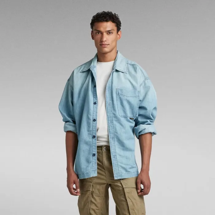 Shirts Men GStar RAW Premium Boxy Fit Shirt Sun Faded Cadet Blue