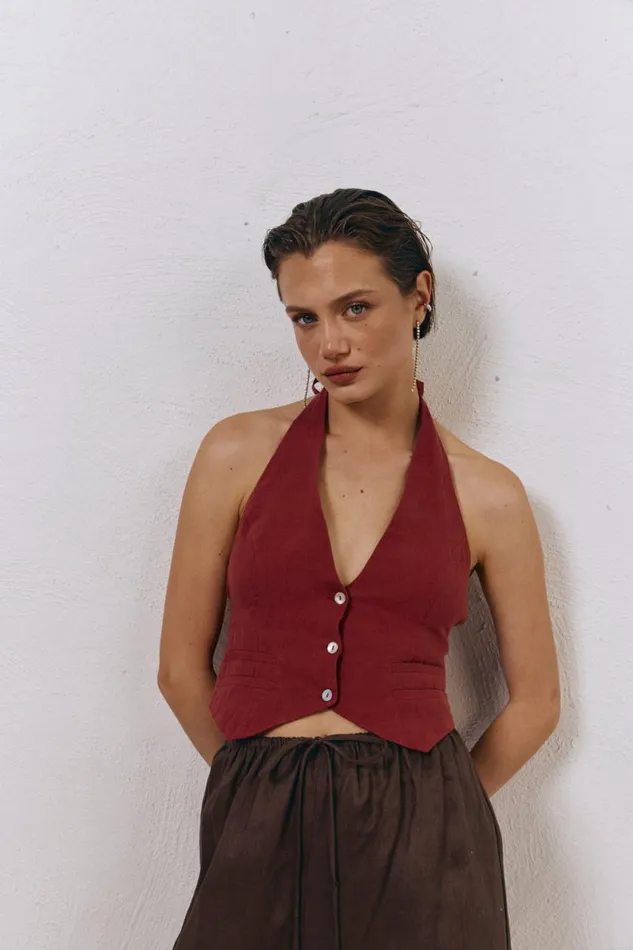Sleeveless Women VRG GRL Los Cabos Linen Vest Wine