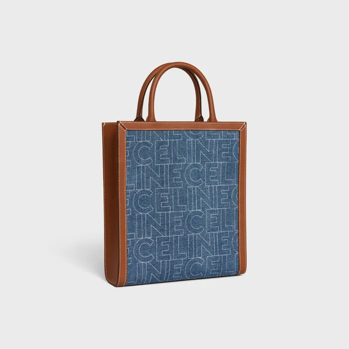 Small Vertical Cabas Celine In Denim With Celine AllOver Print Navy Tan Women CELINE CABAS Small Vertical Cabas Celine In Denim With Celine AllOver Print Navy Tan Women CELINE CABAS