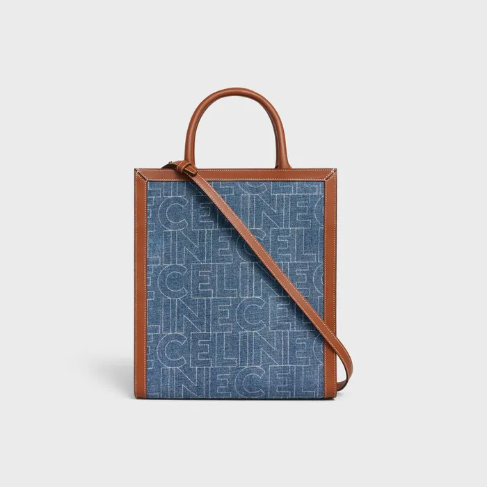 Small Vertical Cabas Celine In Denim With Celine AllOver Print Navy Tan Women CELINE CABAS Small Vertical Cabas Celine In Denim With Celine AllOver Print Navy Tan Women CELINE CABAS