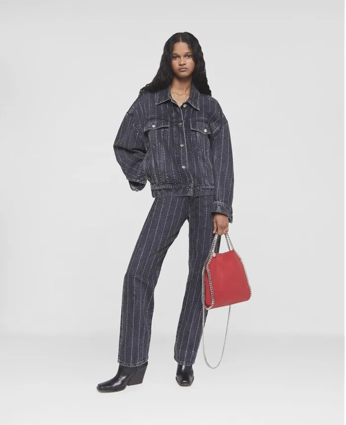 Stella McCartney Crystal Pinstripe Straight Leg Jeans Washed Black Women Denim Stella McCartney Crystal Pinstripe Straight Leg Jeans Washed Black Women Denim