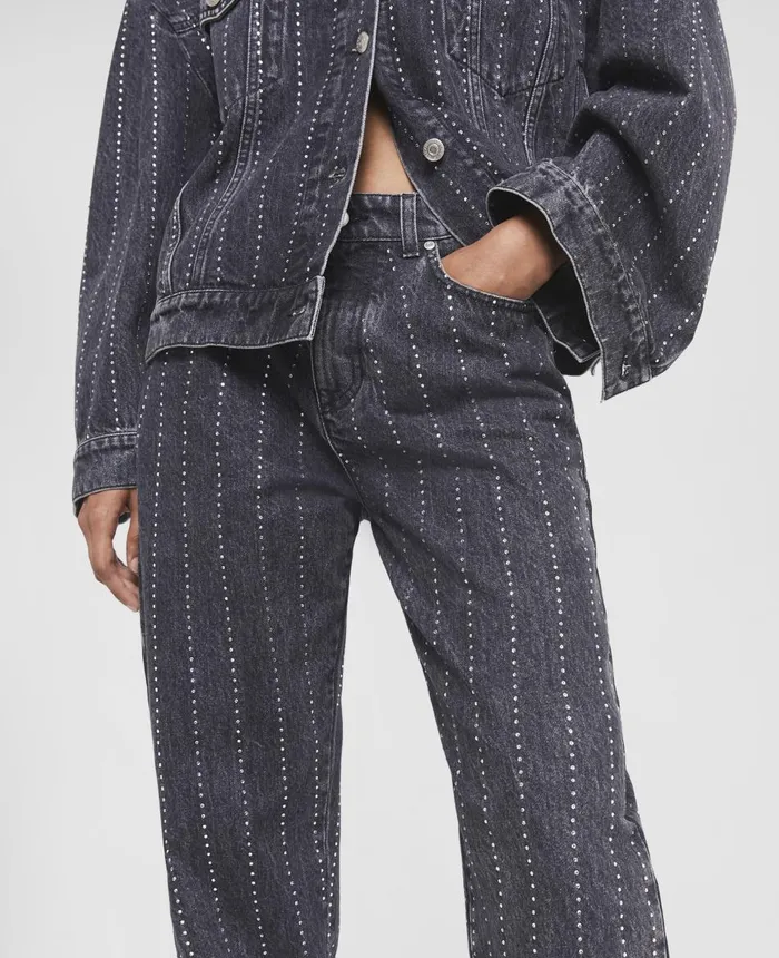 Stella McCartney Crystal Pinstripe Straight Leg Jeans Washed Black Women Denim Stella McCartney Crystal Pinstripe Straight Leg Jeans Washed Black Women Denim