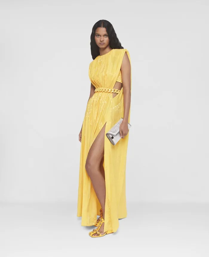 Stella McCartney Falabella Chain Pleat Front Double Satin Maxi Dress Sunflower Yellow Women Dresses
